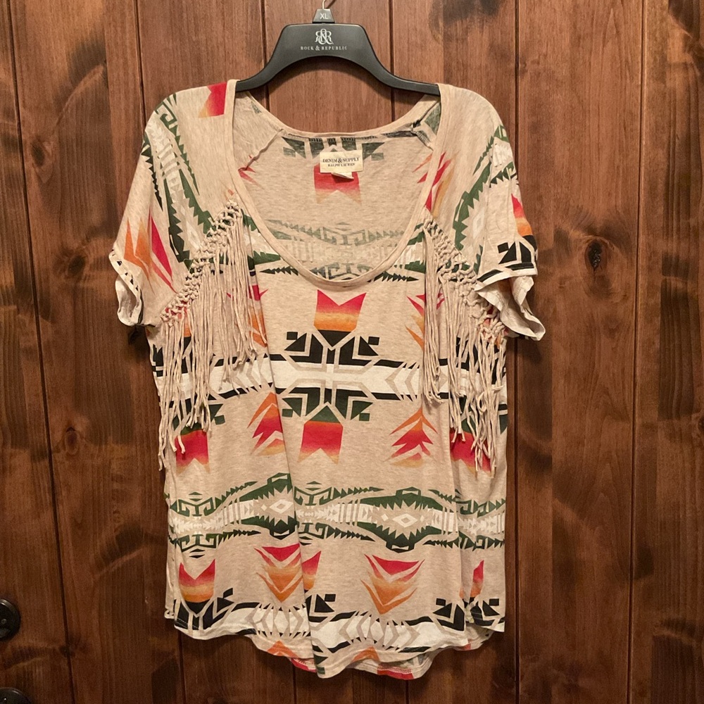 Denim & Supply Ralph Lauren Cream Aztec Fringe Short Sleeve Tee